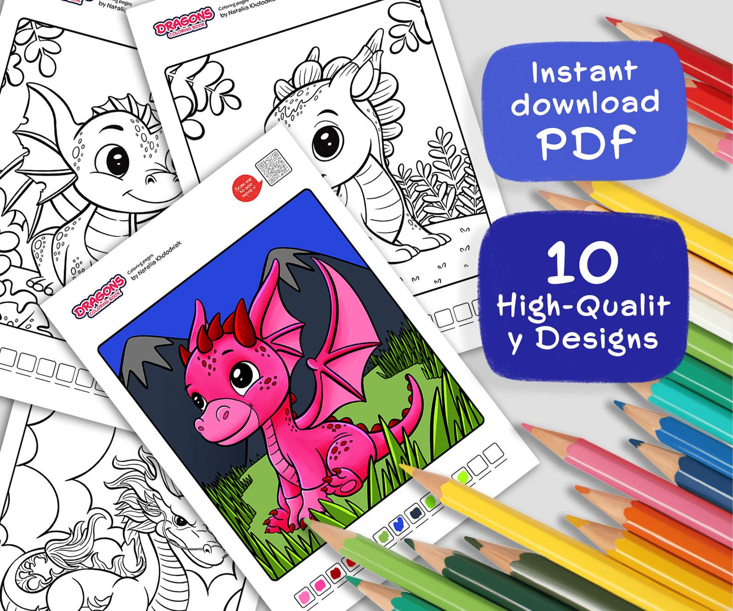 Cute Dragons Coloring Pages – Set 4 (10 Printable Coloring Pages) for Kids & Adults
