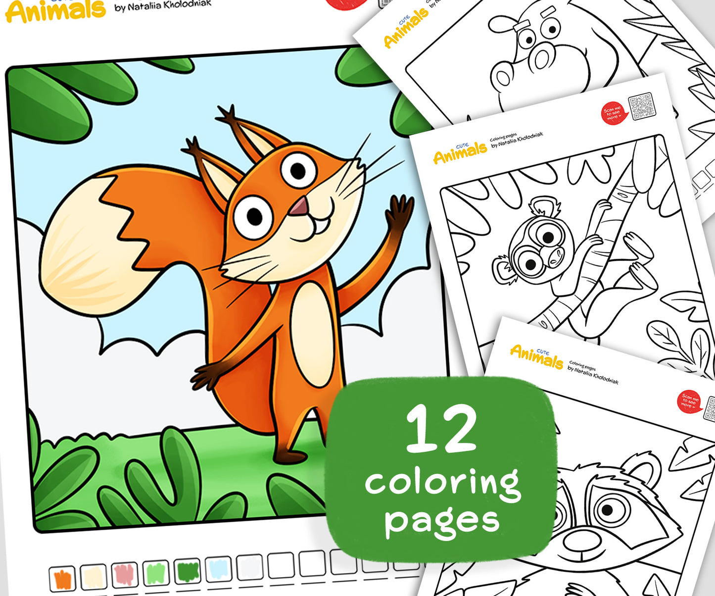 Cute animals Coloring Pages – Set 3 (12 Printable Kids & Adults Coloring Sheets) for Fun and Relaxation