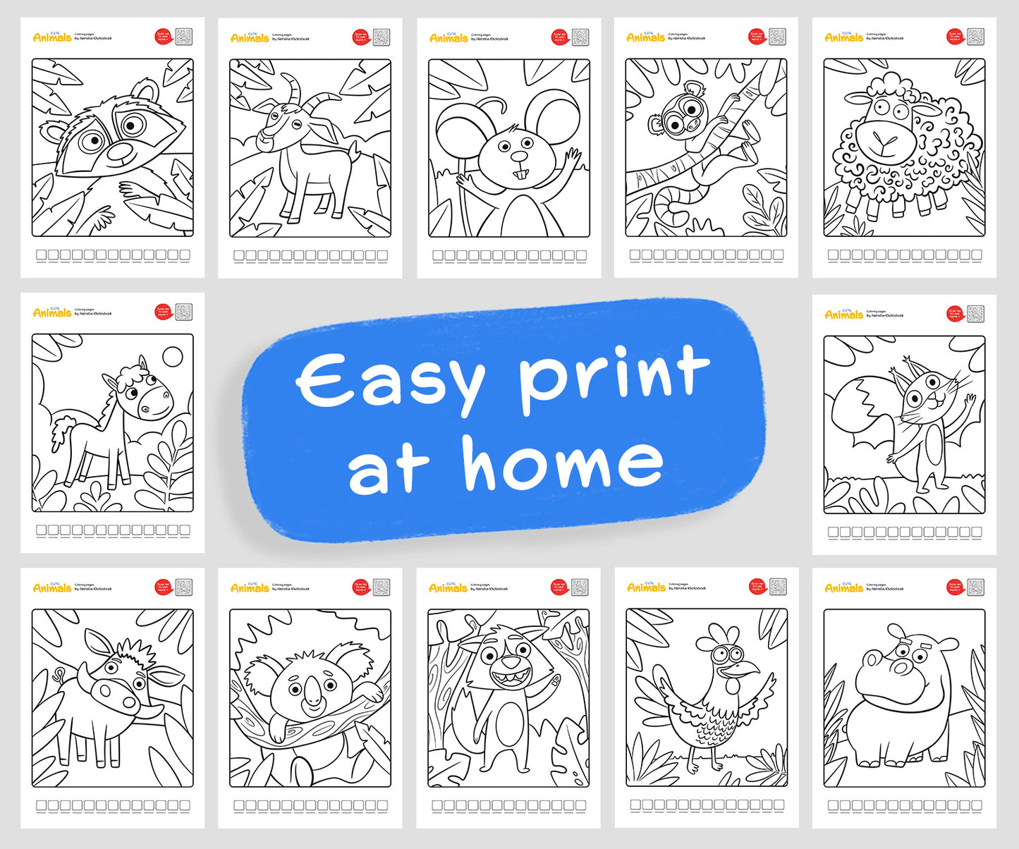 Cute animals Coloring Pages – Set 3 (12 Printable Kids & Adults Coloring Sheets) for Fun and Relaxation
