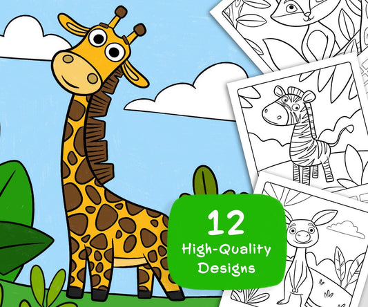Cute animals Coloring Pages – Set 1 (12 Printable Kids & Adults Coloring Sheets) for Fun and Relaxation