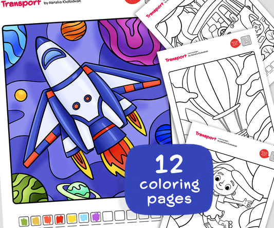 Transport – Set 2 (12-Page) Printable Coloring Book for Kids & Adults for Fun and Relax