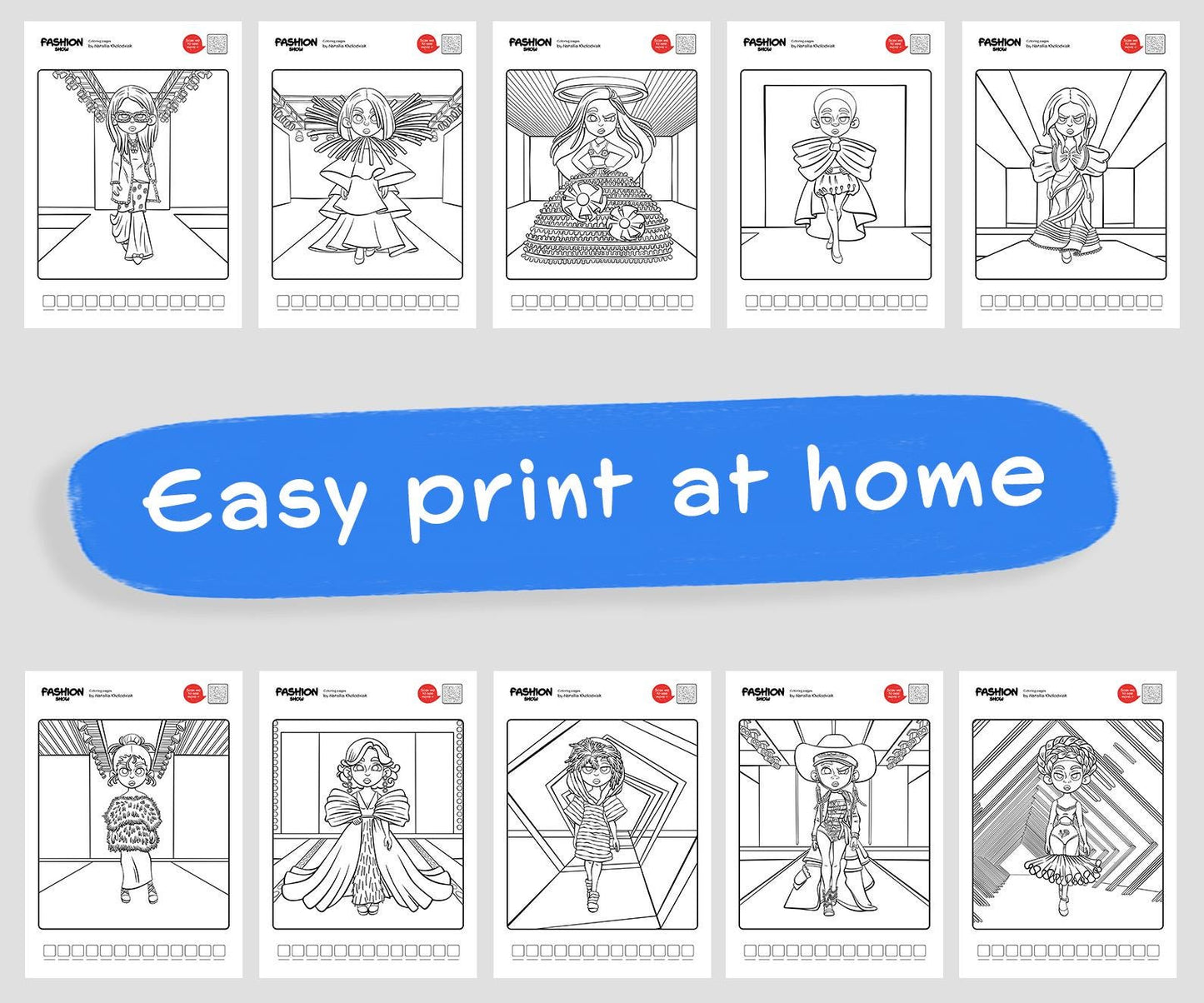 Fashion Show Coloring Pages – Set 1 (10 Printable Coloring Sheets) for Teens & Adults