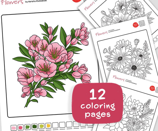 Beautiful Flower Coloring Pages – Set 4 (12 Printable Adults Coloring Pages) for Fun and Relaxation!